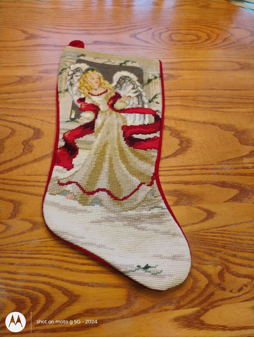 Angel Needlepoint Christmas Stocking - Red and Cream